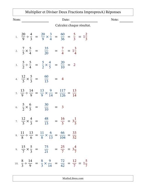 Multiplier et diviser deux fractions impropres, et avec simplification dans tous les problèmes (A) page 2