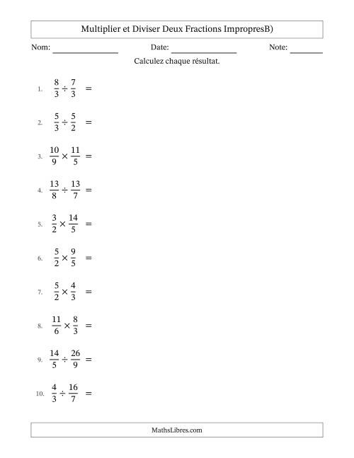 Multiplier et diviser deux fractions impropres, et avec simplification dans tous les problèmes (B)