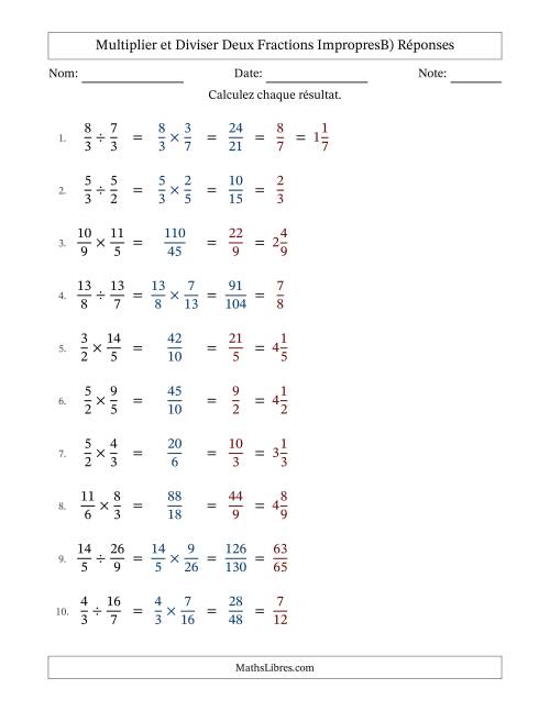Multiplier et diviser deux fractions impropres, et avec simplification dans tous les problèmes (B) page 2