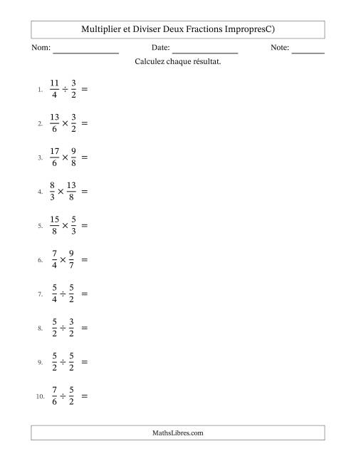 Multiplier et diviser deux fractions impropres, et avec simplification dans tous les problèmes (C)