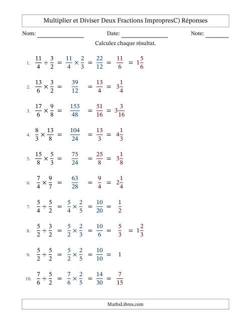Multiplier et diviser deux fractions impropres, et avec simplification dans tous les problèmes (C) page 2