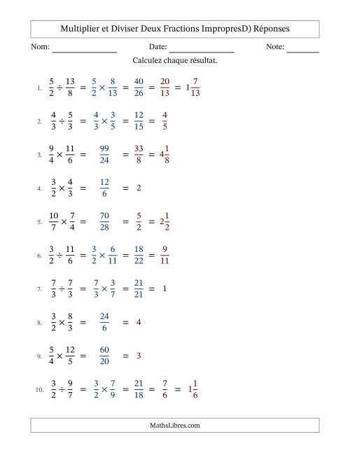 Multiplier et diviser deux fractions impropres, et avec simplification dans tous les problèmes (D) page 2
