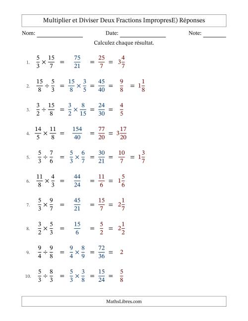 Multiplier et diviser deux fractions impropres, et avec simplification dans tous les problèmes (E) page 2