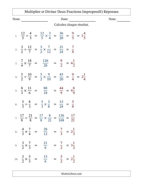Multiplier et diviser deux fractions impropres, et avec simplification dans tous les problèmes (H) page 2