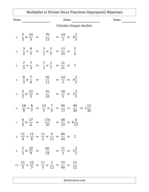 Multiplier et diviser deux fractions impropres, et avec simplification dans tous les problèmes (I) page 2