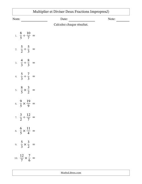 Multiplier et diviser deux fractions impropres, et avec simplification dans tous les problèmes (J)