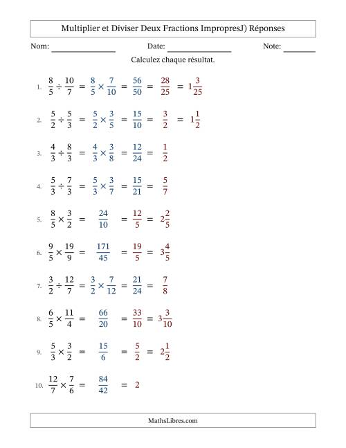 Multiplier et diviser deux fractions impropres, et avec simplification dans tous les problèmes (J) page 2