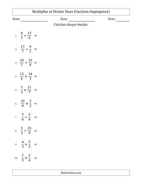 Multiplier et diviser deux fractions impropres, et avec simplification dans quelques problèmes (A)