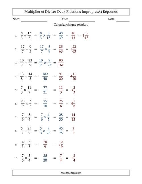 Multiplier et diviser deux fractions impropres, et avec simplification dans quelques problèmes (A) page 2