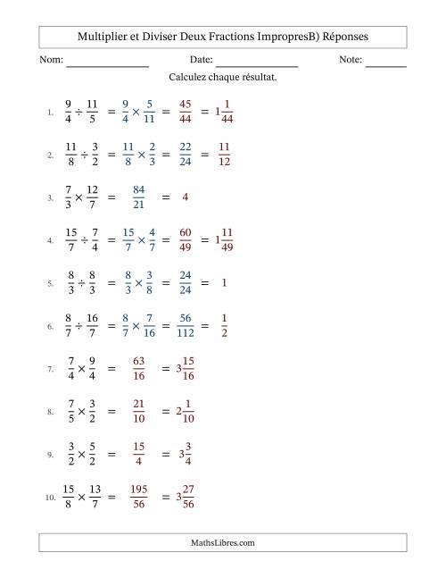 Multiplier et diviser deux fractions impropres, et avec simplification dans quelques problèmes (B) page 2