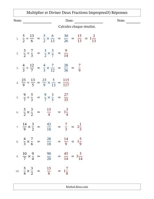 Multiplier et diviser deux fractions impropres, et avec simplification dans quelques problèmes (D) page 2