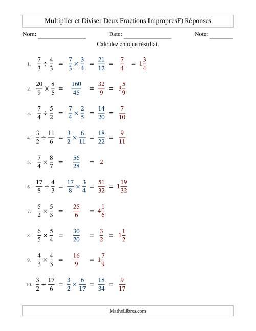Multiplier et diviser deux fractions impropres, et avec simplification dans quelques problèmes (F) page 2