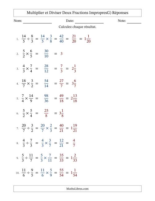 Multiplier et diviser deux fractions impropres, et avec simplification dans quelques problèmes (G) page 2