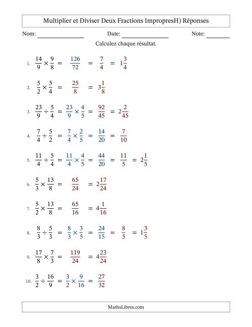 Multiplier et diviser deux fractions impropres, et avec simplification dans quelques problèmes (H) page 2