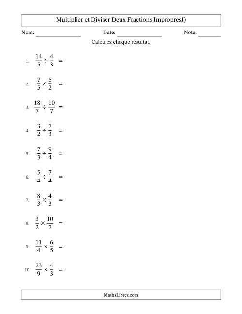 Multiplier et diviser deux fractions impropres, et avec simplification dans quelques problèmes (J)