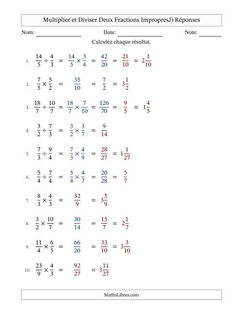 Multiplier et diviser deux fractions impropres, et avec simplification dans quelques problèmes (J) page 2