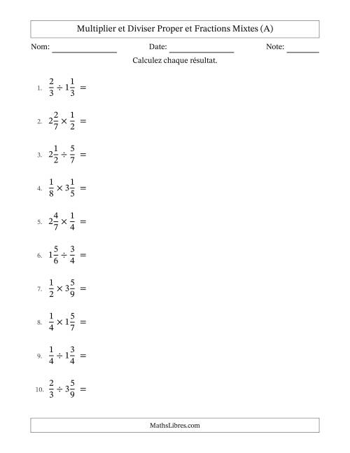 Multiplier et diviser Proper et fractions mixtes, et avec simplification dans tous les problèmes (A)