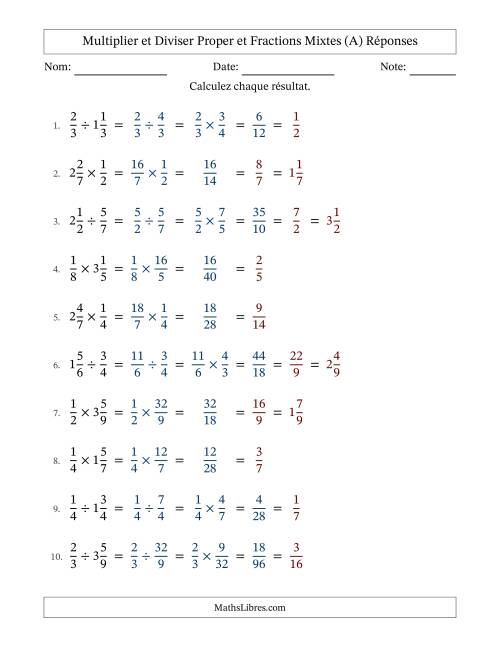 Multiplier et diviser Proper et fractions mixtes, et avec simplification dans tous les problèmes (A) page 2