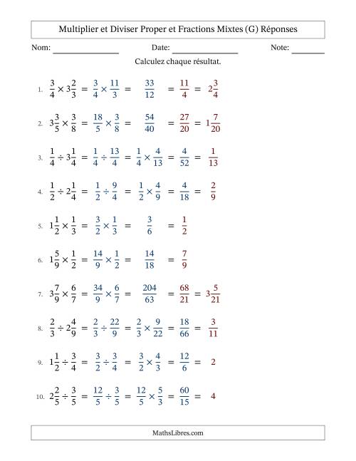 Multiplier et diviser Proper et fractions mixtes, et avec simplification dans tous les problèmes (G) page 2