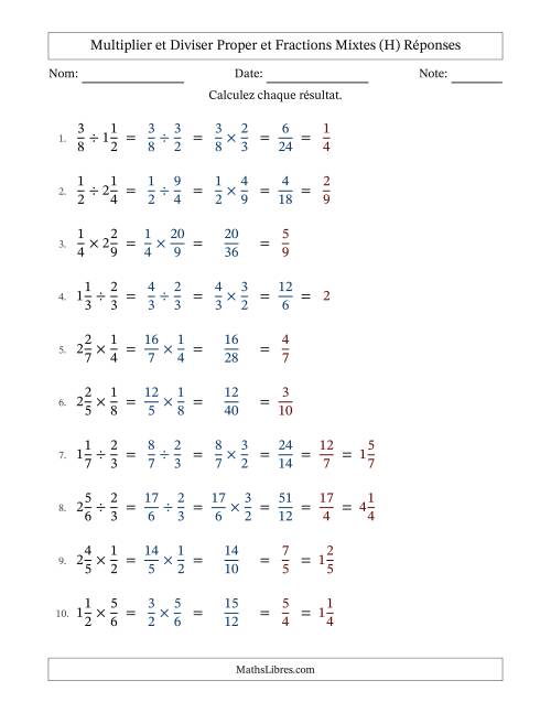 Multiplier et diviser Proper et fractions mixtes, et avec simplification dans tous les problèmes (H) page 2