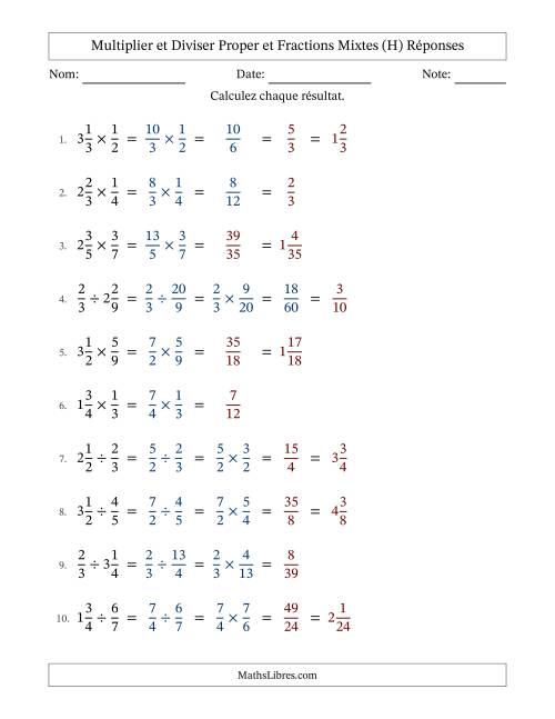Multiplier et diviser Proper et fractions mixtes, et avec simplification dans quelques problèmes (H) page 2