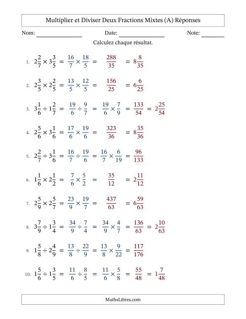 Multiplier et diviser deux fractions mixtes, et sans simplification (A) page 2
