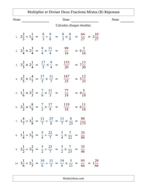 Multiplier et diviser deux fractions mixtes, et sans simplification (B) page 2