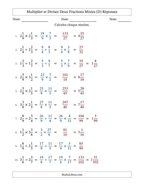 Multiplier et diviser deux fractions mixtes, et sans simplification (D) page 2