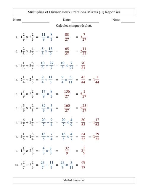 Multiplier et diviser deux fractions mixtes, et sans simplification (E) page 2