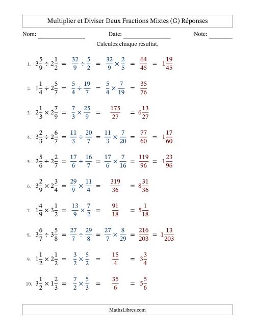 Multiplier et diviser deux fractions mixtes, et sans simplification (G) page 2