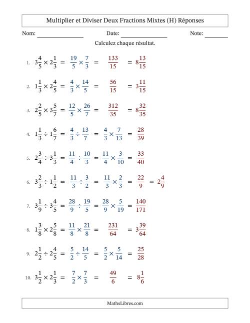 Multiplier et diviser deux fractions mixtes, et sans simplification (H) page 2