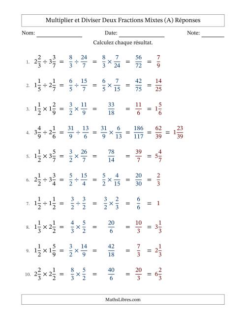 Multiplier et diviser deux fractions mixtes, et avec simplification dans tous les problèmes (A) page 2