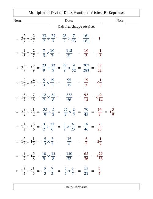 Multiplier et diviser deux fractions mixtes, et avec simplification dans tous les problèmes (B) page 2