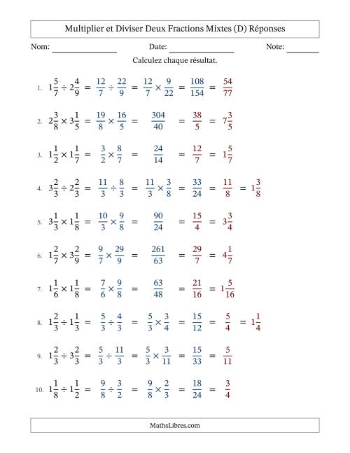 Multiplier et diviser deux fractions mixtes, et avec simplification dans tous les problèmes (D) page 2