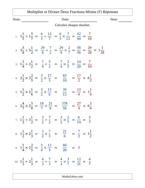Multiplier et diviser deux fractions mixtes, et avec simplification dans tous les problèmes (F) page 2
