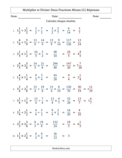 Multiplier et diviser deux fractions mixtes, et avec simplification dans tous les problèmes (G) page 2