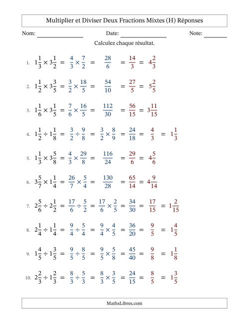 Multiplier et diviser deux fractions mixtes, et avec simplification dans tous les problèmes (H) page 2