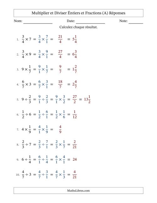 Multiplier et diviser fractions propres con nombres éntiers, et sans simplification (A) page 2