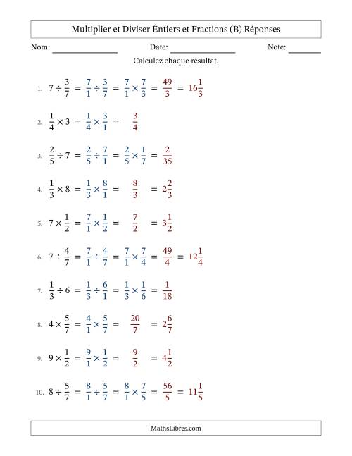 Multiplier et diviser fractions propres con nombres éntiers, et sans simplification (B) page 2
