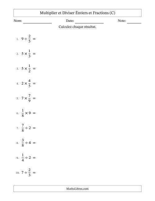 Multiplier et diviser fractions propres con nombres éntiers, et sans simplification (C)