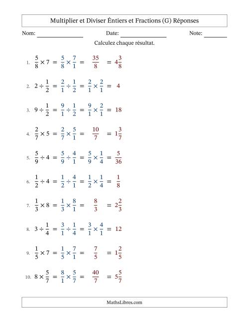 Multiplier et diviser fractions propres con nombres éntiers, et sans simplification (G) page 2