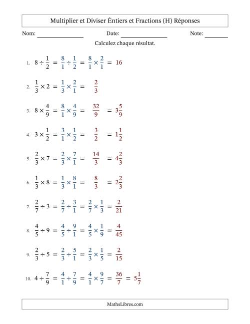 Multiplier et diviser fractions propres con nombres éntiers, et sans simplification (H) page 2