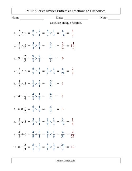 Multiplier et diviser fractions propres con nombres éntiers, et avec simplification dans tous les problèmes (A) page 2