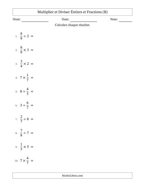 Multiplier et diviser fractions propres con nombres éntiers, et avec simplification dans tous les problèmes (B)