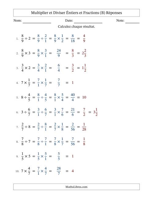 Multiplier et diviser fractions propres con nombres éntiers, et avec simplification dans tous les problèmes (B) page 2