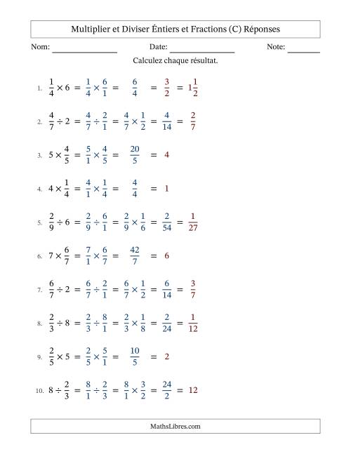 Multiplier et diviser fractions propres con nombres éntiers, et avec simplification dans tous les problèmes (C) page 2