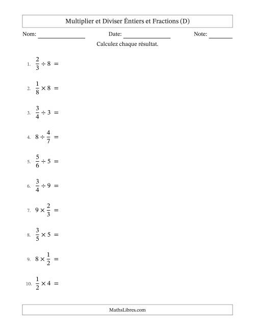 Multiplier et diviser fractions propres con nombres éntiers, et avec simplification dans tous les problèmes (D)