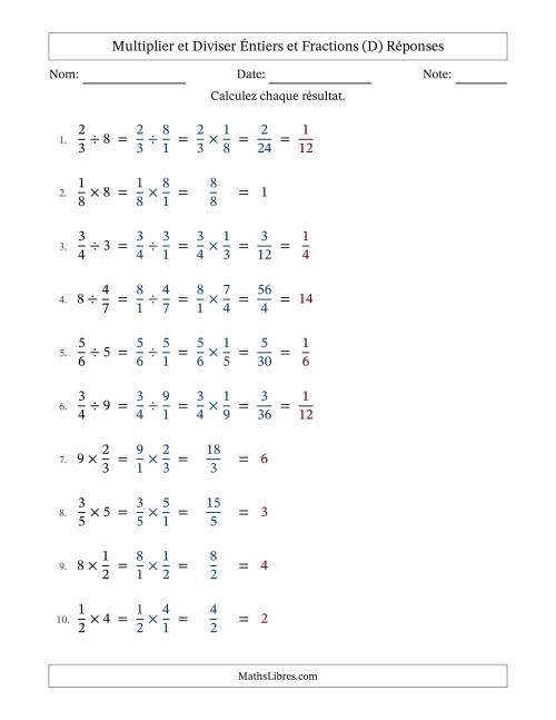 Multiplier et diviser fractions propres con nombres éntiers, et avec simplification dans tous les problèmes (D) page 2