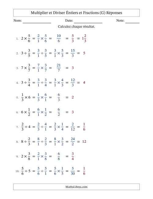 Multiplier et diviser fractions propres con nombres éntiers, et avec simplification dans tous les problèmes (G) page 2