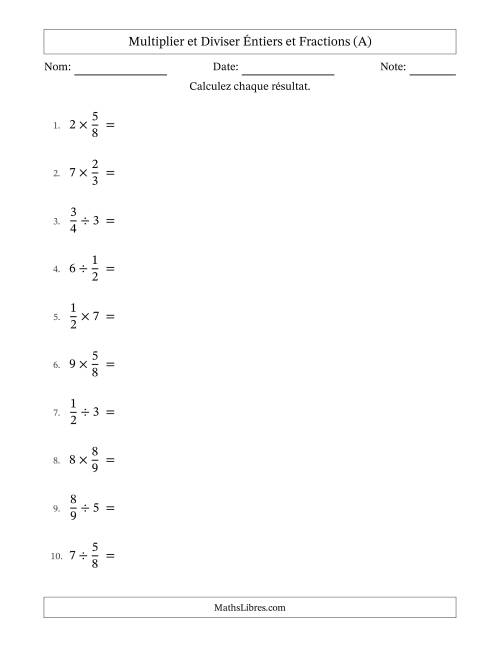 Multiplier et diviser fractions propres con nombres éntiers, et avec simplification dans quelques problèmes (A)
